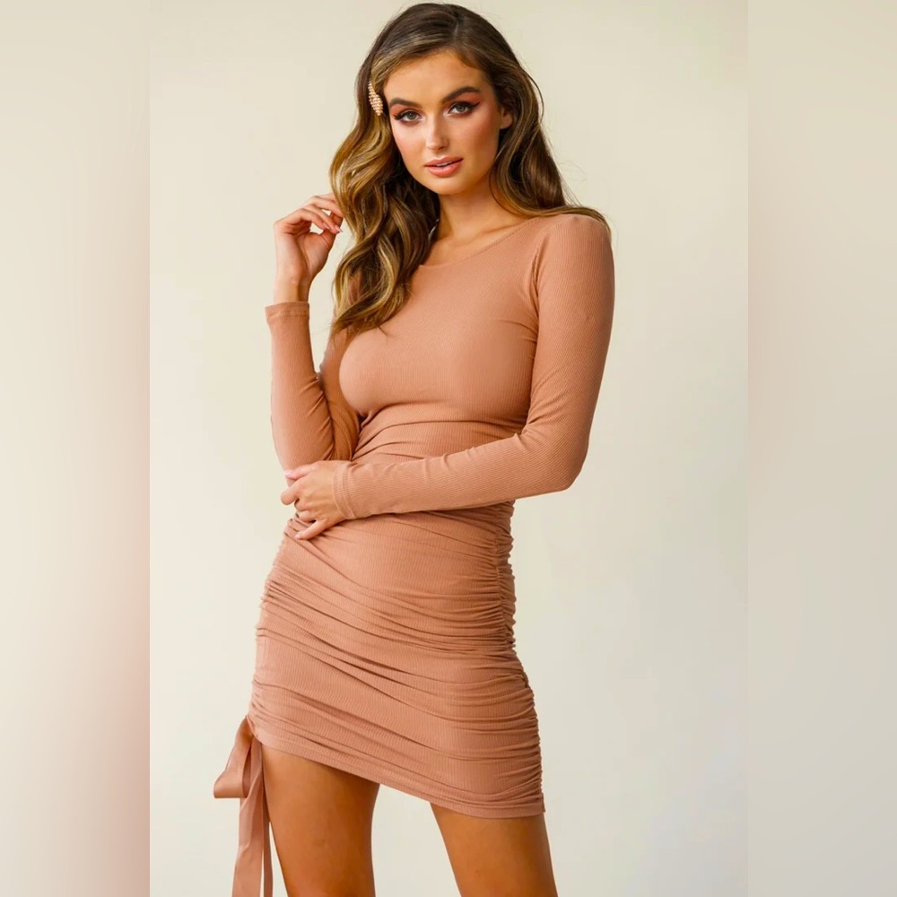 Austin long sleeve stretch knit ruched dress mocha